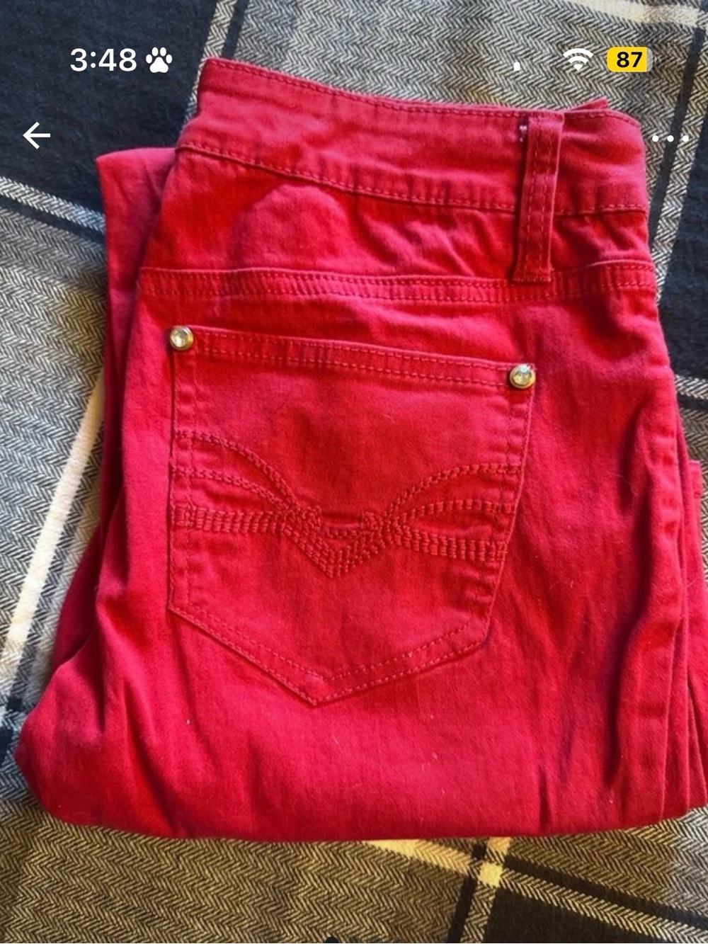 Straight Leg Women's Red Jeans with Decorative Back Pocket